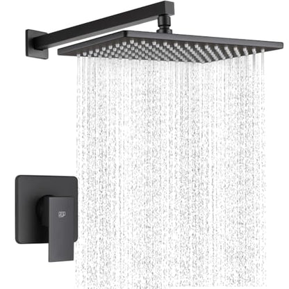 Matte Black Shower Faucet Set, Bathroom Rainfall Shower System with Stainless Steel Metal Showerhead, Single Function Shower Trim Kit with Rough-in Valve - color: Black, size: 12 Inch (Wall Mount)