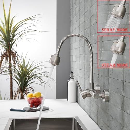 Wall Mount Kitchen Sink Faucet 8 Inch Center with Flexible Sprayer,Stainless Steel Mixer Tap with Dual Function Sprayer,Nickel Brushed Unility Sink Faucet - color: C Style, Nickel Brushed