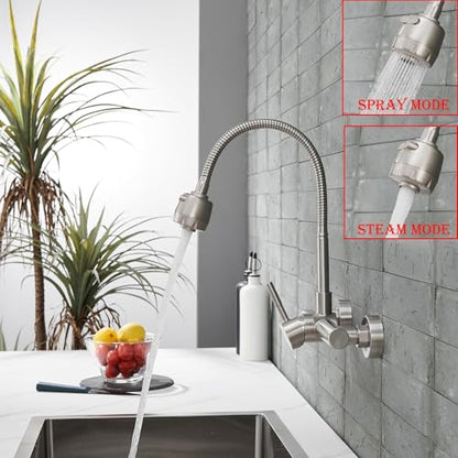 Wall Mount Kitchen Sink Faucet 8 Inch Center with Flexible Sprayer,Stainless Steel Mixer Tap with Dual Function Sprayer,Nickel Brushed Unility Sink Faucet - color: C Style, Nickel Brushed