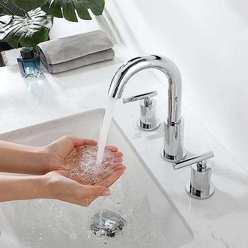ChiLDano 8 in Widespread 2 Handle Chrome Bathroom Faucet for Sink 3 Hole | Polished Chrome Vanity Faucet for Bathroom Sink 3 Hole with Pop Up Drain and Supply Hose, Wide Spread Sink Faucet - color: Chrome