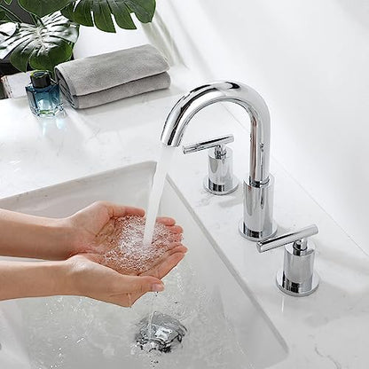 ChiLDano 8 in Widespread 2 Handle Chrome Bathroom Faucet for Sink 3 Hole | Polished Chrome Vanity Faucet for Bathroom Sink 3 Hole with Pop Up Drain and Supply Hose, Wide Spread Sink Faucet - color: Chrome