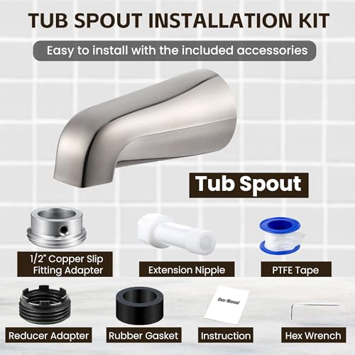 Dreyoo Tub Spout, Tub Faucet for Bathtub (Brushed Nickel,Without Diverter) | Bathroom Bathtub Faucet with Adapters, Hex Wrench, Universal Faucet for Bathtub Fits 1/2" Copper Pipe, 1/2" IPS and 3/11" IPS - color: Brushed Nickel, style: Without Diverter