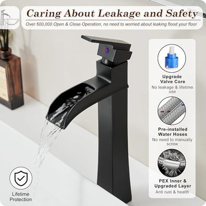 Vessel Sink Faucet Black, 12 Inch Waterfall Tall Bathroom Faucet One Hole with Pop-Up Drain & Pre-Installed Hoses, Single Handle for Bathroom Sink Bowl Deck Mount, Modern, Brass Material - color: Matte Black - Elegant