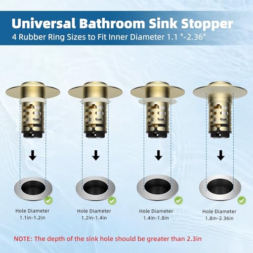 Universal Upgraded Bathroom Sink Drain Stopper Hair Catcher, Brushed Gold | 4-IN-1 Pop-Up Sink Strainer with 2-Layer Removable Stainless Steel Basket, Anti-Clog Drain Plug for 1.1"-2.36" Basin - color: Brushed Gold