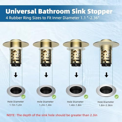 Universal Upgraded Bathroom Sink Drain Stopper Hair Catcher, Brushed Gold | 4-IN-1 Pop-Up Sink Strainer with 2-Layer Removable Stainless Steel Basket, Anti-Clog Drain Plug for 1.1"-2.36" Basin - color: Brushed Gold