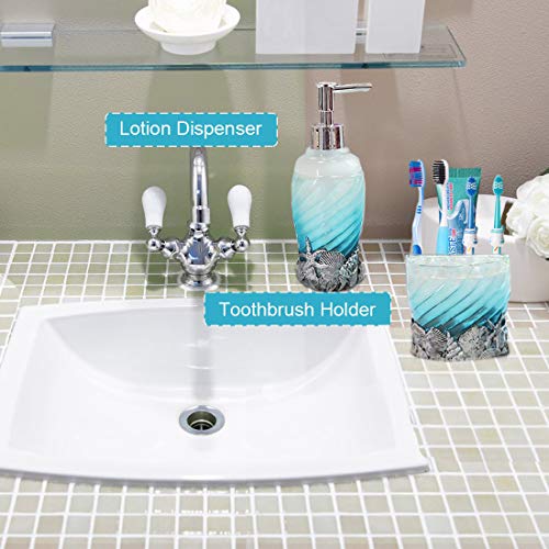 Bathroom Accessory Set, 5 PCS Bath Ensemble Set Includes Soap Dispenser, Soap Dish, Tumbler, Toothbrush Holder - Polyresin Glass for Home, Office, Superior Hotel - color: Sky Blue