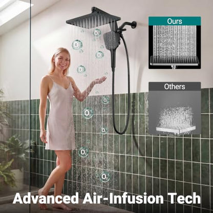 12" XXL Rainfall Shower Head with Handheld Combo Set, Matte Black | High Pressure, Magnetic Docking, Air-Infusion Tech, Anti-Leak One-Piece Design, Dual Square Showerhead - color: Matte Black