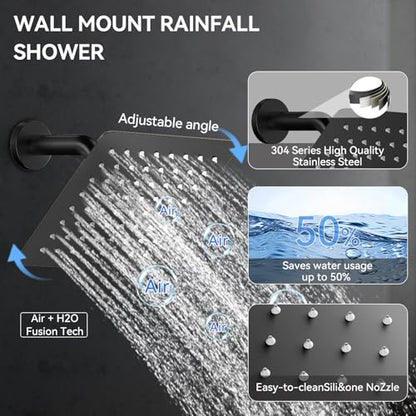 Shower System with Body Jets, Bostingner Four Modes Shower Faucet 12+6" Rain Shower Head with Handheld Spray 2 Ways, 4Pcs Shower Jets System in Wall Shower Faucet Sets Complete, Matte Black - color: Matte Black, size: 6+12 inch-01