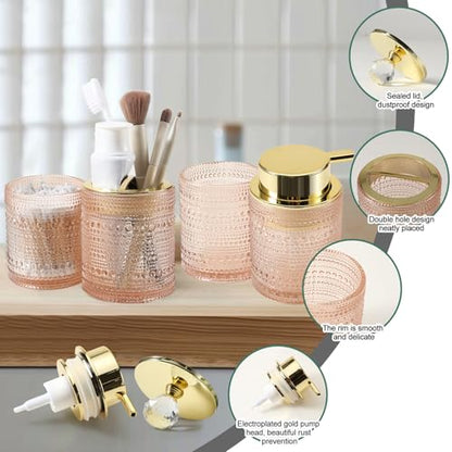 DASITON Bathroom Accessories Set,4Pcs Glass Bathroom Counter Set with Foaming Soap Dispenser,Toothbrush Holder,Bathroom Tumbler,Cotton Swab Jars, for Vanity Bathroom Decor(Pink A) - style: Pink A