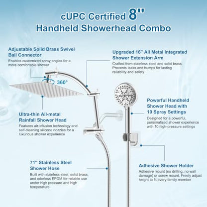 Hibbent All Metal 8" High Pressure Rain Shower Head Combo, Chrome | cUPC Certified Rainfall Shower Head with handheld 10 Sprays, 16'' Adjustable Extension Arm, 71'' Hose, Showerhead Holder - color: Chrome, style: Square 8''