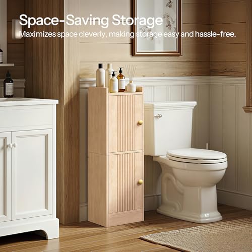 HOOBRO Slim Bathroom Cabinet for Small Spaces, Narrow Toilet Paper Cabinet with Doors, 9.8”W Space Saving Floor Cabinet with Adjustable Shelves, Farmhouse Wooden Organizer, Natural