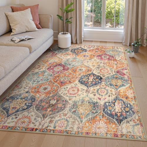 Lahome Moroccan Machine Washable Rugs for Living Room, 4x6 Rug for Bedroom Non-Slip Vintage Trellis Ultra-Thin Throw Carpet for Dining Room Office Nursery Elise, Cream/Multi - color: Burnt Orange/Teal Multi, size: 4' X 6' (Rectangular)