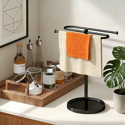 Free Standing Towel Rack for Bathroom Countertop - Upgraded S-Shaped Hand Towel Holder Stand, 14" Tall Rustproof Pedestal Towel Hanger for Vanity, Kitchen & RV, Heavy Duty Non-Slip Base, Black