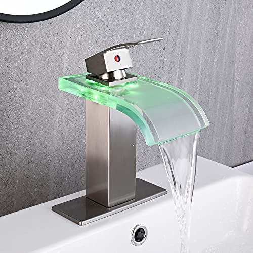 AVSIILE LED Bathroom Sink Faucet, Brushed Nickel Waterfall Single Hole Handle Vanity Faucets for Sinks 1 Hole with Metal Pop Up Drain and 2 Water Supply Lines, Wide Glass Spout - color: Brushed Nickel