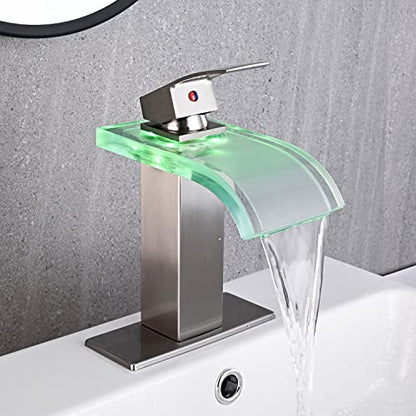 AVSIILE LED Bathroom Sink Faucet, Brushed Nickel Waterfall Single Hole Handle Vanity Faucets for Sinks 1 Hole with Metal Pop Up Drain and 2 Water Supply Lines, Wide Glass Spout - color: Brushed Nickel
