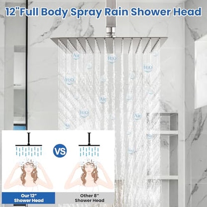 Airuida 12 Inch Brushed Nickel Shower Faucet Set,Rainfall Shower System | Ceiling Shower Head,Male Thread Rough-in Valve,Ceiling Mount,Single Handle - color: Brushed Nickel, size: 12 Inch