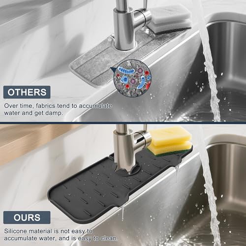 Kitchen Faucet Sink Splash Guard - Faucet Guard & Draining Mat Black | Silicone water catcher mat, Sink drain pad behind fauce; Sink rubber mat, Faucet Mat, kitchen bathroom protect around faucet - color: Black