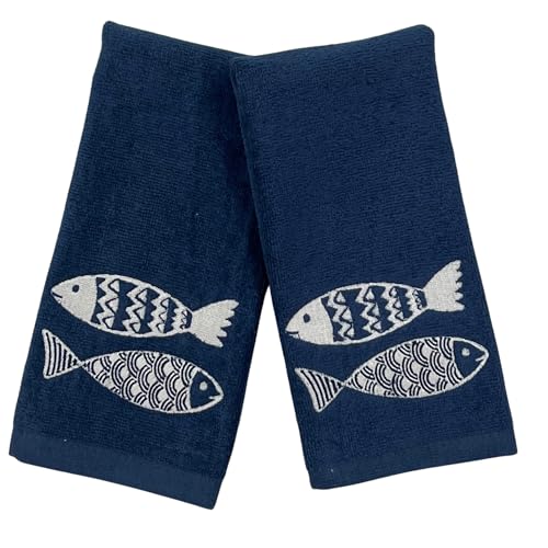 Serafina Home Coastal Bathroom Fingertip Towels – Set of 2 Navy Blue 100% Cotton Embroidered Fish Design – 12 x 18” Bath & Kitchen Décor - color: Fish