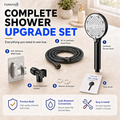High Pressure Shower Head, Stick-on Low Mount Wall Bracket, Black | 5 Spray Modes, Water-Saving, 360° Adjustable Bracket, For Low Water Pressure Home, RV, Bathroom, Fix Firmly Kid-Friendly - color: Black