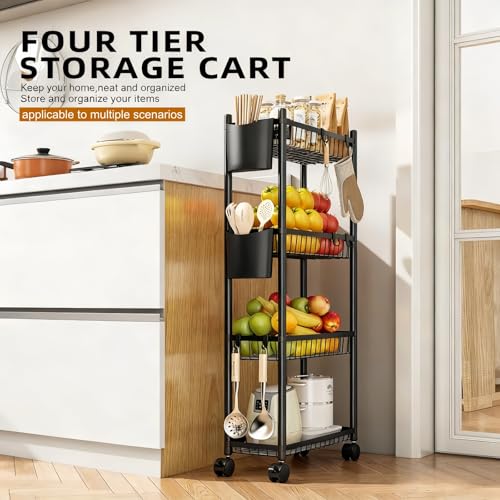Slim Rolling Storage Cart, 4 Tier Narrow Utility Cart with Wheels, Skinny Metal Mobile Shelf Unit Organizer for Bathroom Kitchen Laundry Room Pantry Office Small Spaces, Black