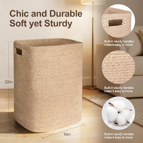 Large Laundry Hamper 16"x13"x22" - Tall Woven Baby Laundry Basket, Cotton Rope Clothes Hamper Bin, Wicker Storage Basket for Toys, Blankets, Nursery Bedroom Aesthetic, Soft Brown Hamper, 75L - color: Brown