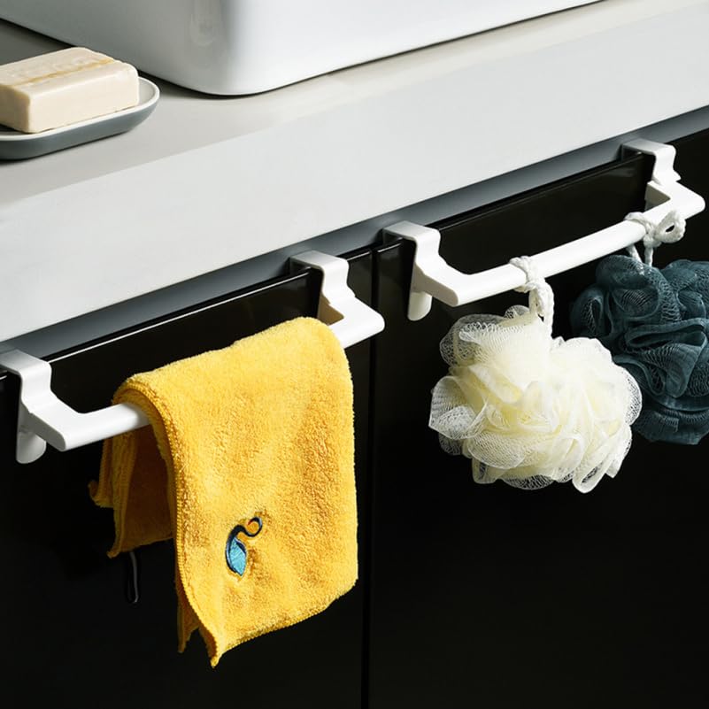 KALLORY 2pcs No Drill Towel Rack Buckle Bar, Removable Punch-Free Cabinet Door Hanging Towel Holder Organizer for Kitchen and Bathroom, White