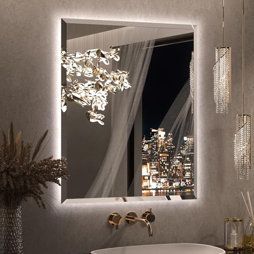 Keonjinn 30 x 36 Inch Backlit Bathroom Mirror with Lights, Light Up Mirror with Beveled Edge, UL-Listed Driver, HD Tempered Glass, 3000K/4500K/6500K, Defogging, Dimmable, Frameless LED Vanity Mirrors - color: Backlit Beveled Edge, size: 36"L x 30"W