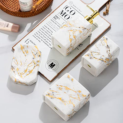 4 Piece Bathroom Accessories Set - White Bathroom Accessory Sets Includes Lotion Dispenser, Toothbrush Holder Tumbler, and Soap Dish - Glossy Finish (Marble, White) - color: White