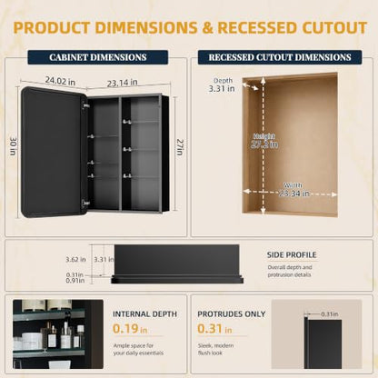 24 x 30 Black Medicine Cabinet Mirror, Recessed or Surface Mount | Bathroom mirror with storage; rustproof aluminum; 6 adjustable glass shelves; tall-bottle divider; soft-close; preassembled - size: 24" x 30"