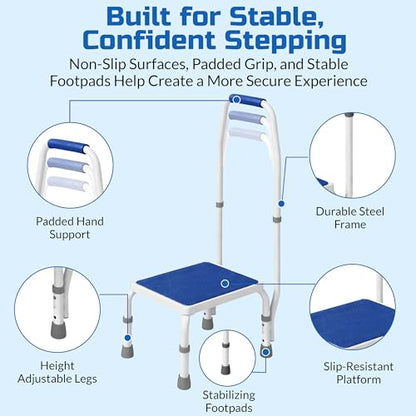 Platinum Health AdjustaStep BARIATRIC Deluxe Step Stool/Footstool with Handle/Handrail, Height Adjustable. 2 Products in 1. Modern White/Blue Design. Padded Non-Slip Handle. 750lb Capacity. - size: 750 lb. Capacity - 1 Step