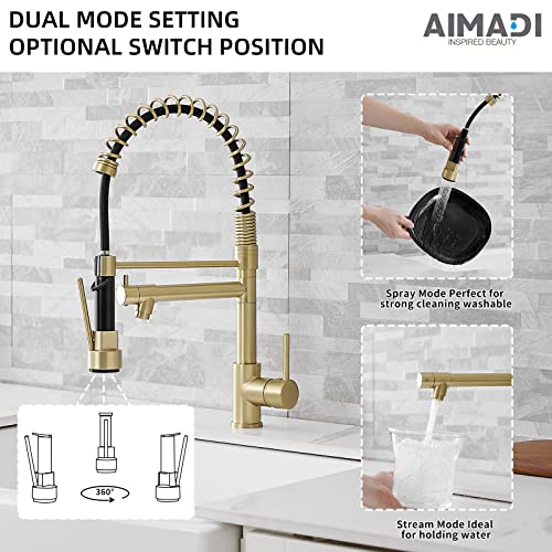 Brushed Gold Kitchen Faucet with Pull Down Sprayer, AIMADI Commercial Gold Kitchen Sink Faucet Single Handle Spring Two Nozzles Faucets - color: Brushed Gold, style: Contemporary