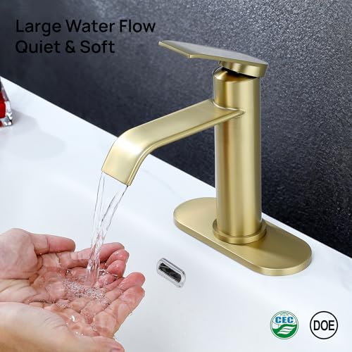 Bathroom Faucet 1 Hole with Metal Pop-up Drain - Brushed Gold | Single Handle Bathroom Sink Faucet with Supply Lines and Deck, Modern Waterfall Bathroom Faucets, G-7001BG - color: Gold