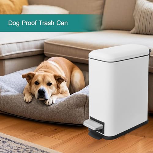 Bathroom Trash Can, Small Trash Can with Lid, White Garbage Gan | 1.3 Gal Trash Can, Stainless Steel, Small Garbage Can with Soft-Close Lid, Removable Inner Bucket, Slim Trashcan for Bathroom - color: White