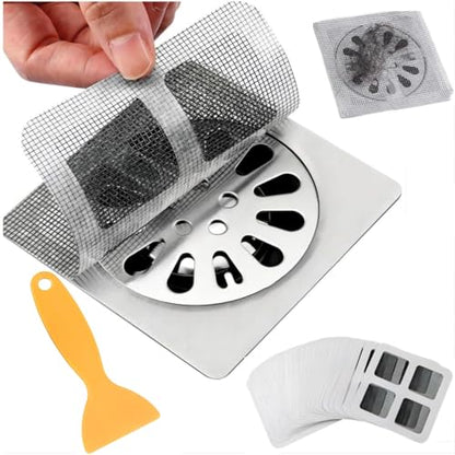 25 PCS Disposable Shower Drain Hair Catcher with Scrapper, 3.94 Inches Square Drain Hair Catcher Stickers for Bath & Kitchen, Hair Catcher Shower Drains Cover for Human, Pet Hair, Bathtub & Laundry - size: Square - 25 Packs Mesh