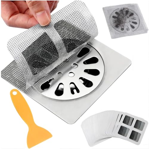 25 PCS Disposable Shower Drain Hair Catcher with Scrapper, 3.94 Inches Square Drain Hair Catcher Stickers for Bath & Kitchen, Hair Catcher Shower Drains Cover for Human, Pet Hair, Bathtub & Laundry - size: Square - 25 Packs Mesh