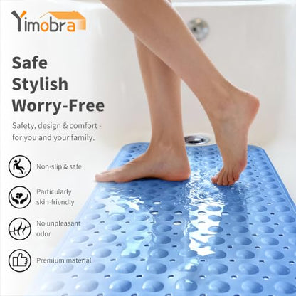 Yimobra Non Slip Bathtub Mat 40 x 16 Inch, Extra Long Shower Mat with Drain Holes, Machine Washable Baby Bath Mats, Strong Suction Cups for Bathroom Floor, Blue - color: Blue
