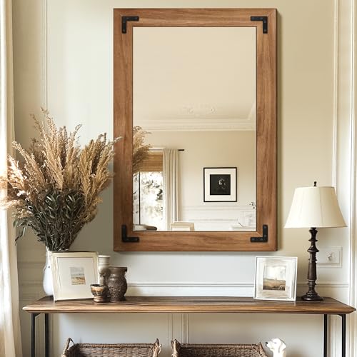 Wood Framed Bathroom Vanity Mirror for Wall, 20"x28" Farmhouse Mirror | Solid Wood Frame, HD Shatterproof Glass, Vertical/Horizontal Hanging, Ideal for Bathroom, Living Room, Bedroom - size: 28"L x 20"W