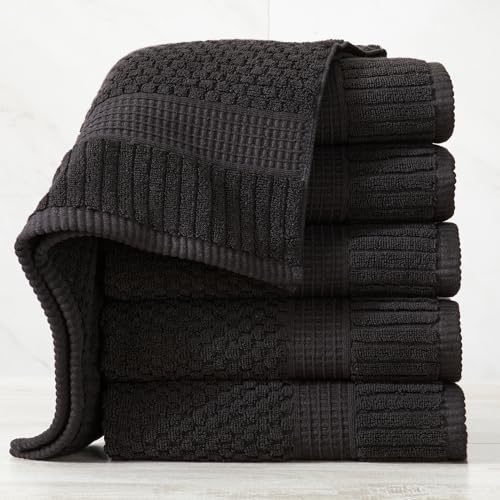 NY Loft 100% Cotton 6-Pack Hand Towel Set | Black | Oeko-TEX | Quick-Dry | Six 16" x 28" Hand Towels | Super Absorbent | Designer-Styled Texture - color: Black, size: Hand Towel (6 Pack)