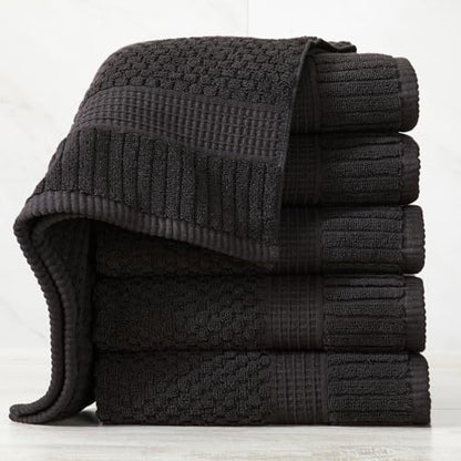 NY Loft 100% Cotton 6-Pack Hand Towel Set | Black | Oeko-TEX | Quick-Dry | Six 16" x 28" Hand Towels | Super Absorbent | Designer-Styled Texture - color: Black, size: Hand Towel (6 Pack)