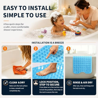 Yimobra Non Slip Bathtub Mat 40 x 16 Inch, Extra Long Shower Mat with Drain Holes, Machine Washable Baby Bath Mats, Strong Suction Cups for Bathroom Floor, Clear Blue - color: Clear Blue
