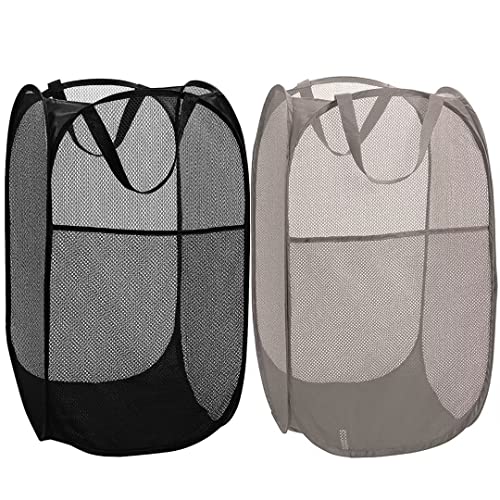 BATTOO Deluxe Strong Mesh Pop up Laundry Hamper Basket with Side Pocket Foldable Hamper for Laundry Room, Bathroom, Kids Room, College Dorm or Travel Black + Grey - color: Black + Grey, size: 2 pack