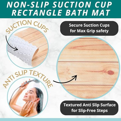 ENKOSI Bath Mat for Tub and Shower Floors - Non Slip Shower Mat – Anti Slip Bathtub Mat with Strong Suction Cup Grip – Soft, Wood Design Bathroom Mat for Inside Bath and Showers (28x16 Wood Teak) - color: Wood Teak