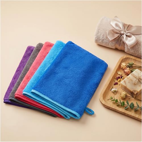 5 Pack Microfiber Washcloth, 6"x8" Fast Drying Bath Mitts Face Towels, Super Absorbent Soft Towel Body Facial Cloths Small Wash Mitt for Travel Showering Washing Face (Pink Purple Blue Blue Gray)