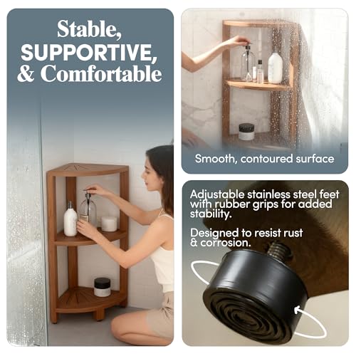 AquaTeak Kai-Petite 12" Teak Corner Shelf Stand, 3 Tier Shower Stand | Space-Saving Design, Durable Water-Resistant Teak, Anti-Slip Feet
