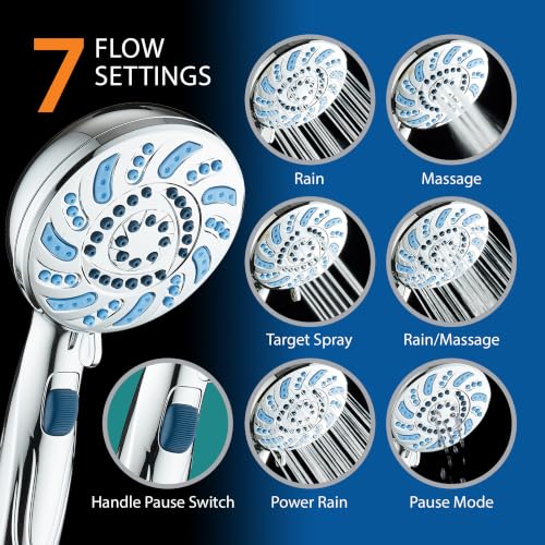 AquaCare 2026 High Pressure 7-mode Handheld Shower Head with Pause Switch | Detachable Showerhead Wand, Stay-Clean Jets, Extra-long 6 ft. Stainless Steel Hose, Dual Wall & Overhead Brackets / Chrome - color: Chrome