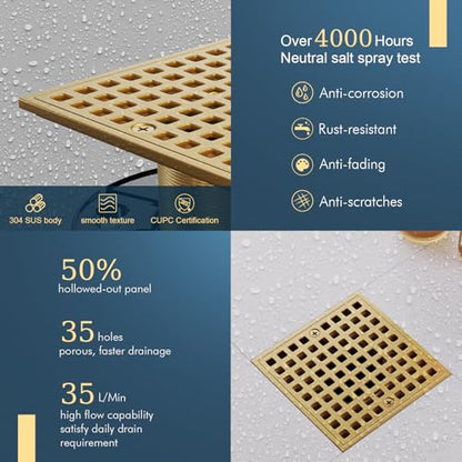 4" Square Shower Drain Kit, Champagne Bronze | ABS Flange & Hair Catcher, Low Profile Floor Drain, 304 Stainless Steel, Fits 2"/3" Pipes - color: Champagne Bronze