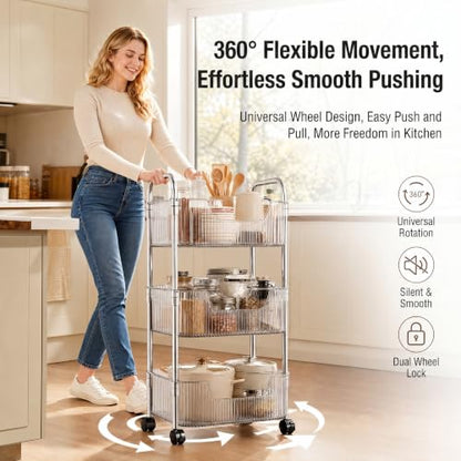 3 Tier Rolling Cart with Wheels, Clear Plastic Storage Cart with Stainless Steel Frame, Slim Narrow Organizer for Bathroom, Kitchen, Laundry Room, Vanity, Dorm, Easy Assembly