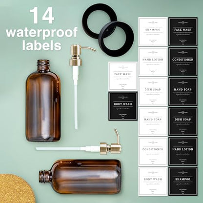 Vine Creations Amber Glass Soap Dispenser, 2 Pack Kitchen Soap Dispenser Set with Stainless Steel Pump, 16 oz Dish Soap and Hand Soap Dispensers for Bathroom with Waterproof Labels and Protective Pads - color: Amber Bottle / Brushed Brass Pump