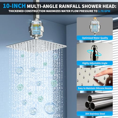 Shower Faucet Set Shower System - EMBATHER Brushed Nickel Push Button Diverter Filtered Dual Shower Faucet Valve Kit with Rain Ceiling Mount 10'' Shower Head 6'' Wall Mount, 9 in 1 Handheld for Couple
