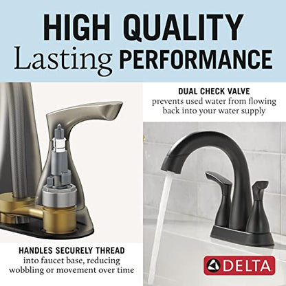 Delta Broadmoor Centerset Matte Black Bathroom Faucet with Sprayer, 4 Inch 3 Hole Bathroom Sink Faucet with Pull Out Sprayer, Push-Pop Drain, Matte Black 25765LF-BLPD - color: Matte Black